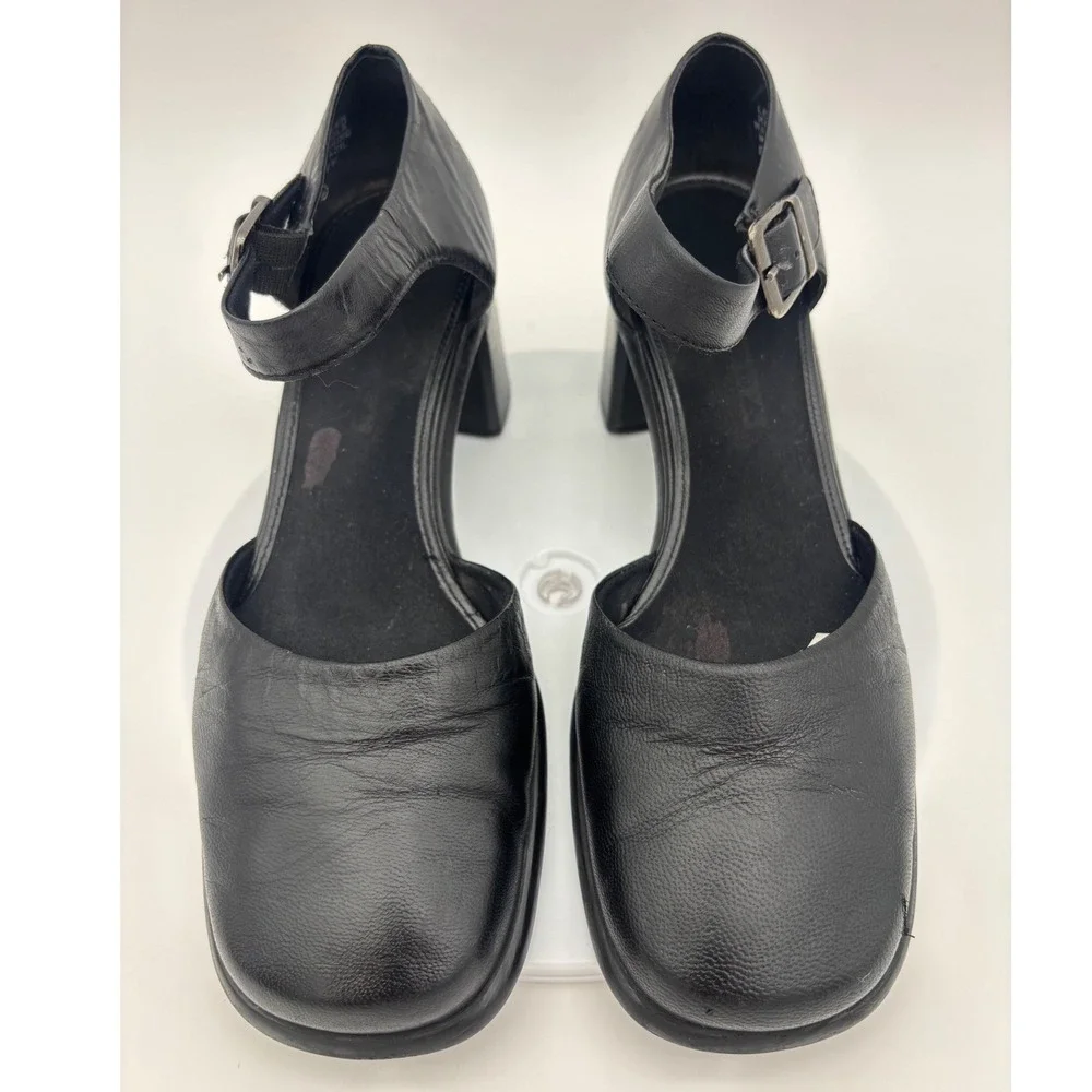 VINTAGE BLACK MARY‎ JANE Leather Shoe Y2K Chunky Block Heel Womens Square Ankle
